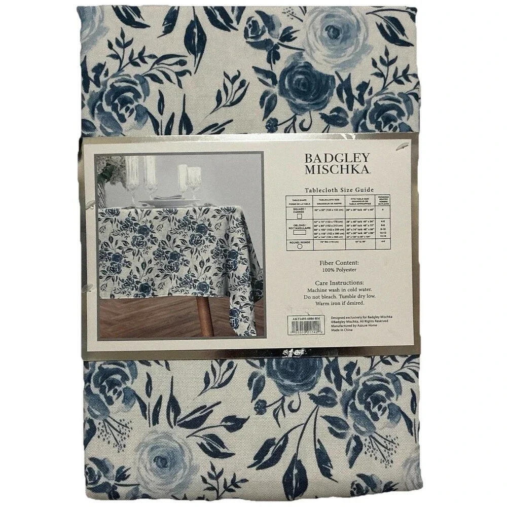 Badgley Mischka Fabric Tablecloth 60 X 84 Blue Floral Oblong Indoor Outdoor